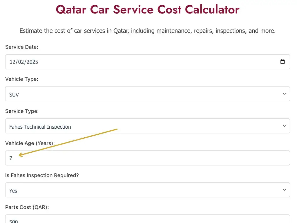 Qatar Car Service cost calculator vehicle age